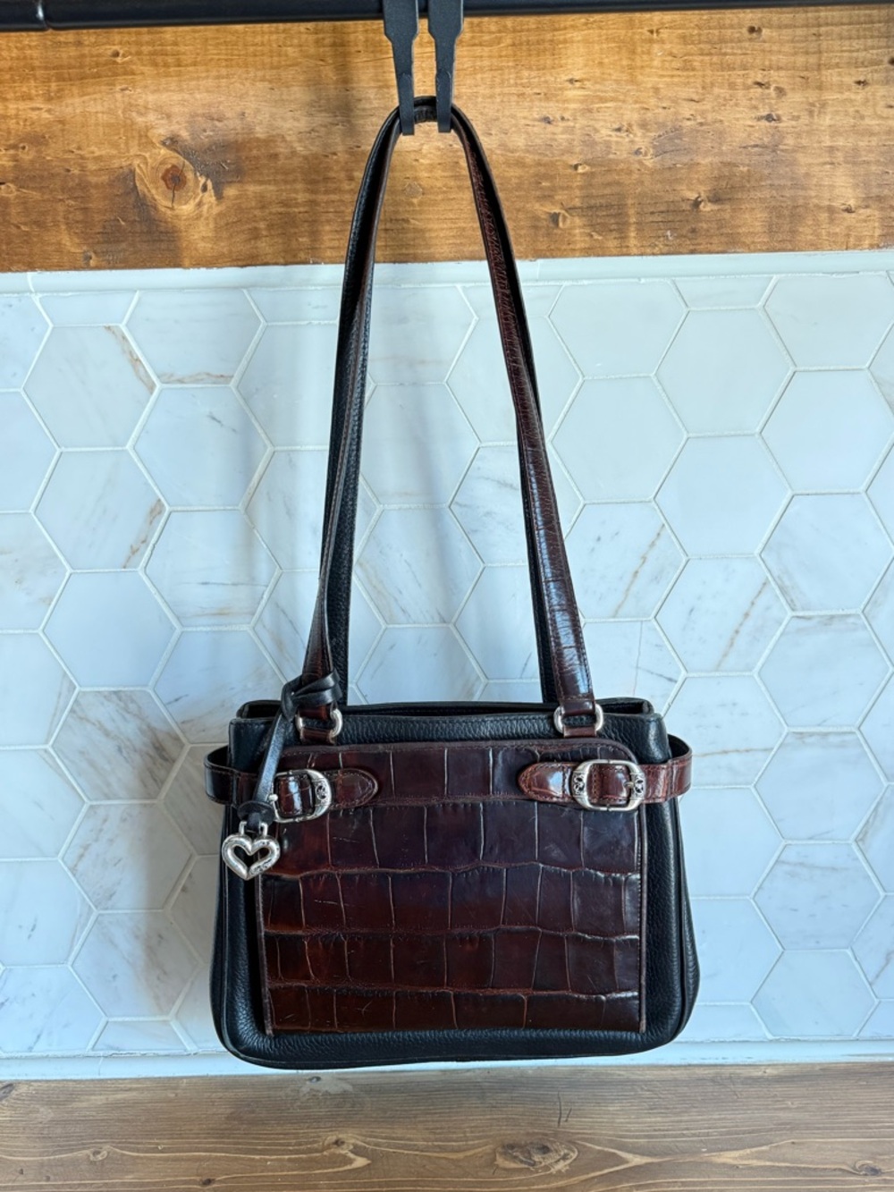 Brighton Brown Croc-Embossed Shoulder Bag with Heart Charm